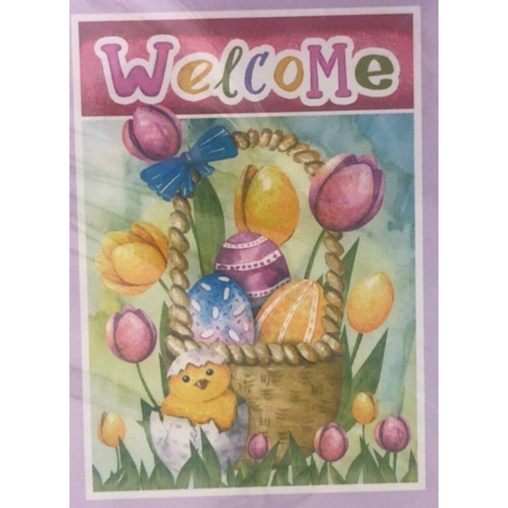 Welcome Easter House Flag 28x40 Eggs Basket Baby Chicks Tulips Spring Yard Decor